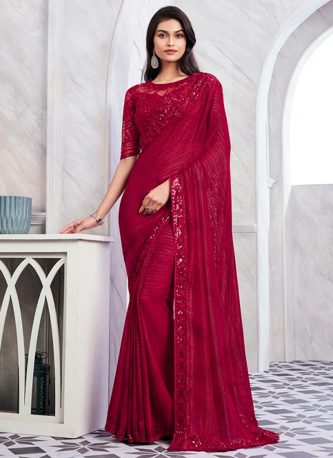 Shimmer Silk Red Party Wear Embroidery Work Saree